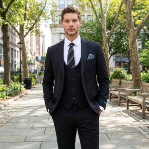 New 2026 Mens 3pc Nailhead Black Suit Set, Hybrid Fit